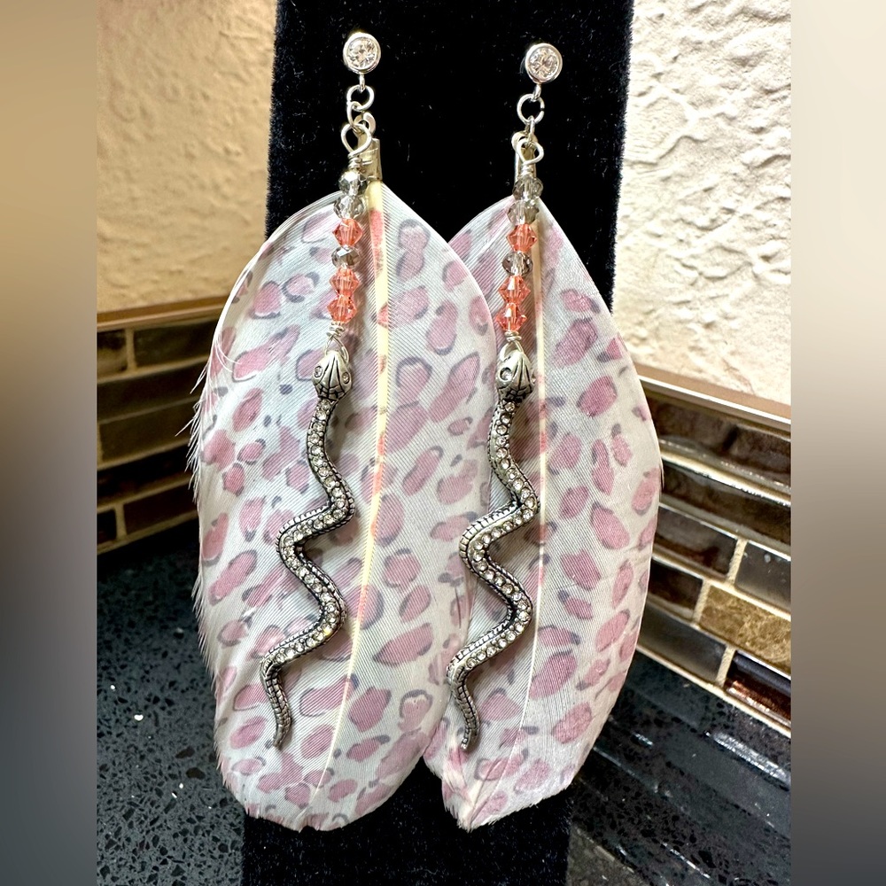 Cheetah feather, swarovski studded earrings